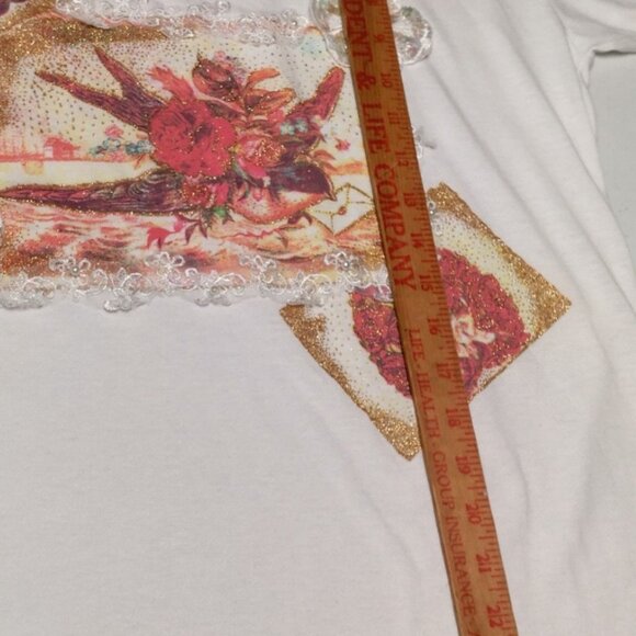 Vintage Precious Knits Shirt Small White Lace Gold Glitter Bird Roses Grannycore - Picture 8 of 16